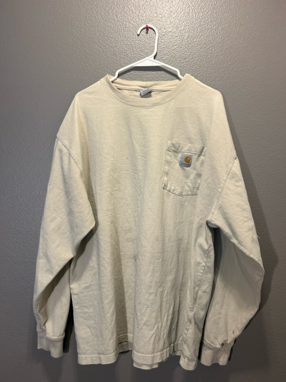 Carhartt Men's XL Long Sleeve Pocket T-Shirt Heavyweight Loose Fit Cream Stained